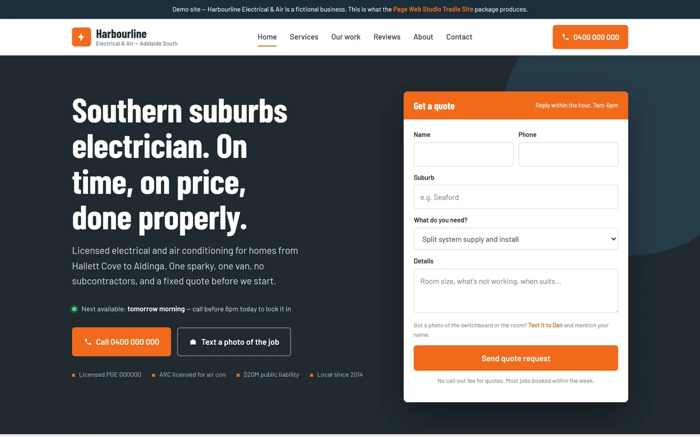 Harbourline Electrical demo site homepage